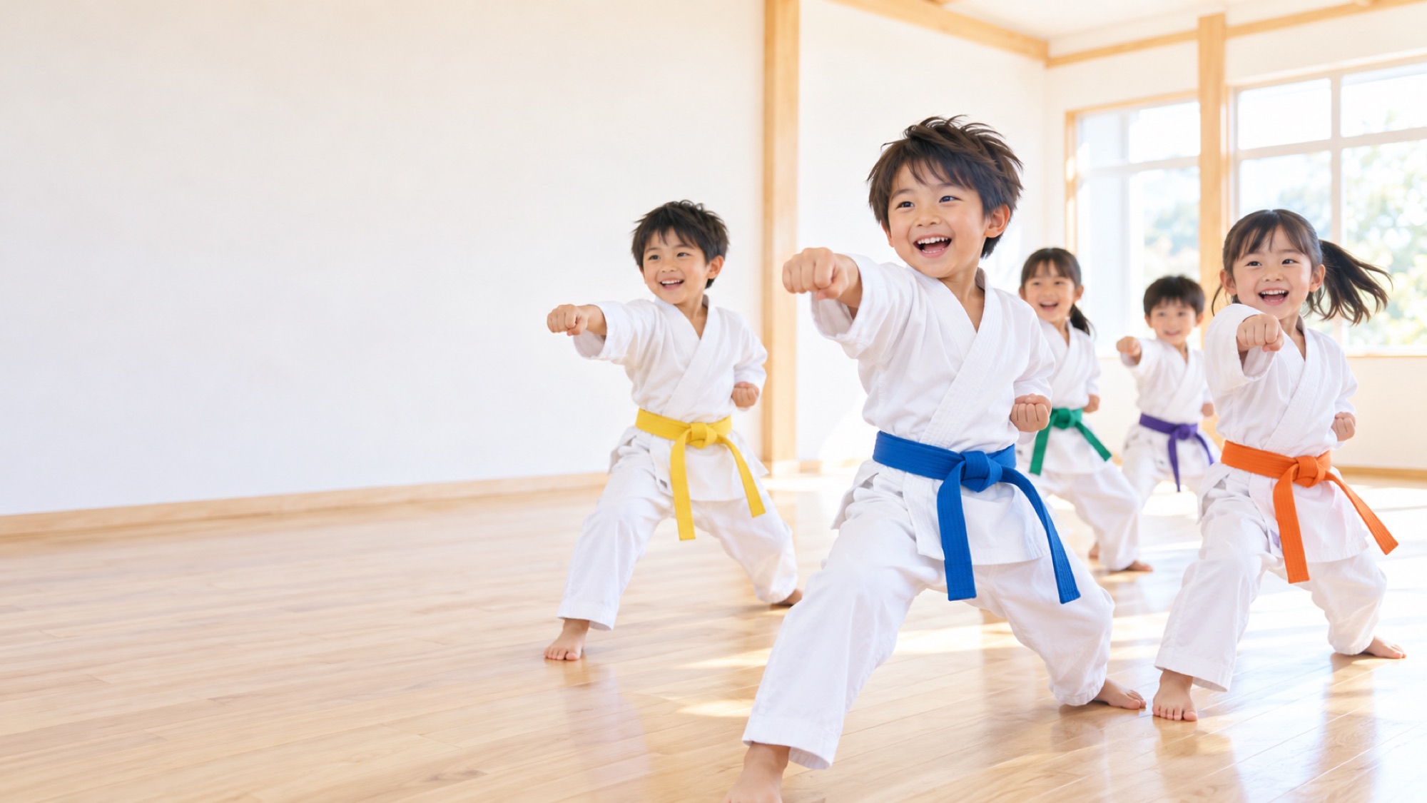 道着の子どもたちが笑顔で突きの稽古をしている様子